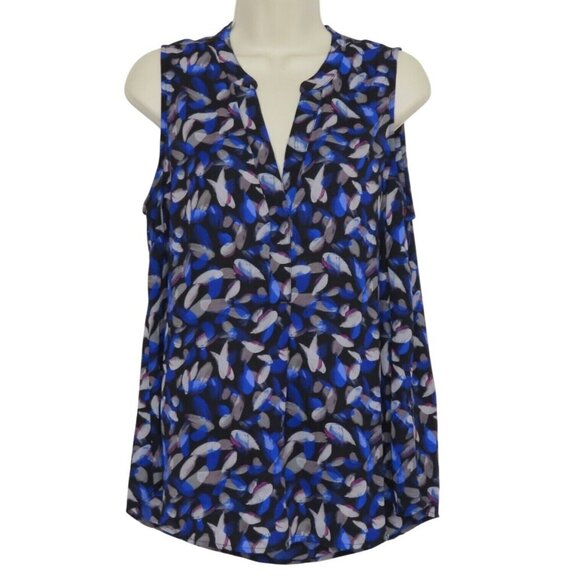 Noir Womens Medium Blue Watercolor Brush Stroke Sleevless Blouse Shirt Buttons - Picture 1 of 9